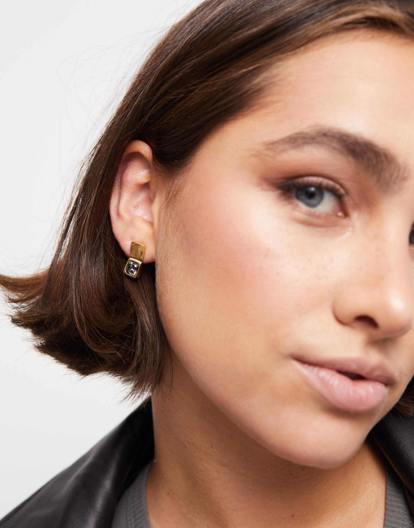 Stud earrings with white crystal, Golden, large thumbnail